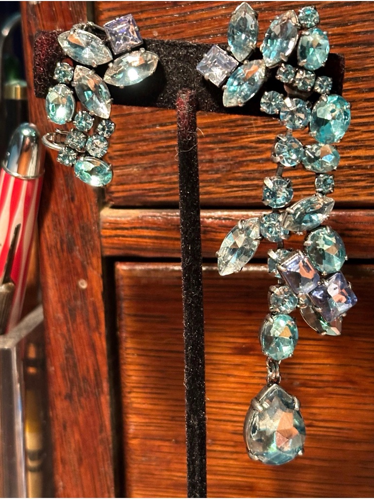 Cos Aquamarine Crystal Teardrop Asymmetrical Dangle Clip-On Earrings
